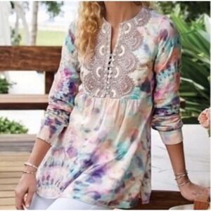 Soft Surroundings Bazille Tunic‎ Size 1X Pastel Tie-Dye Beaded Embroidered Top
